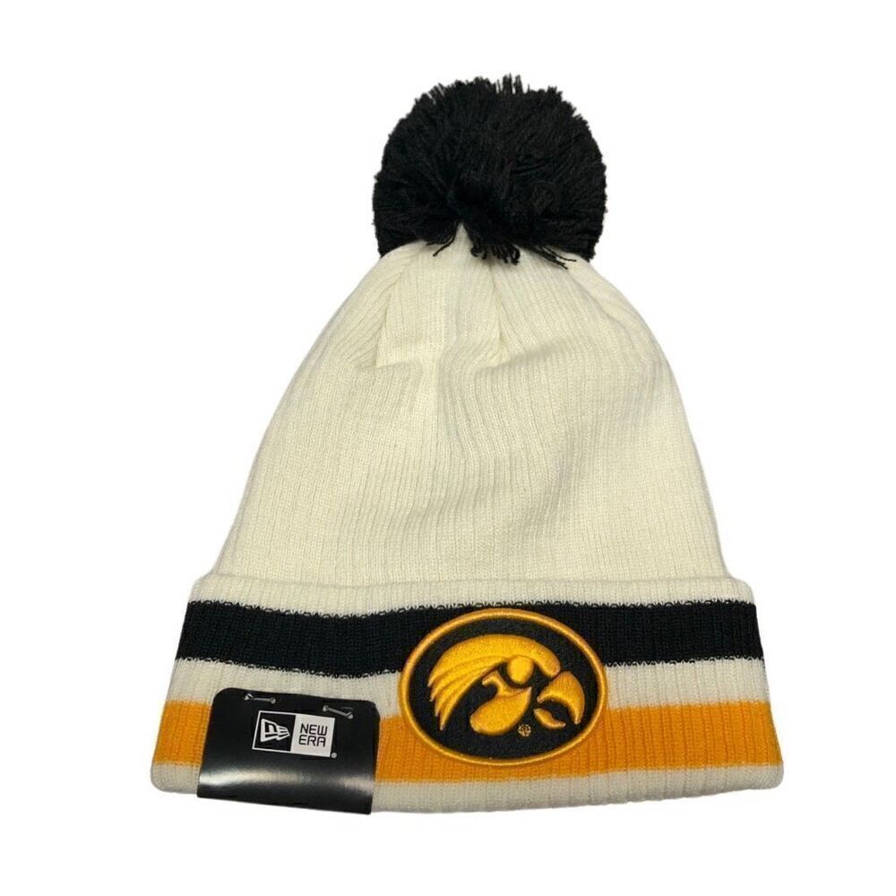 Iowa Hawkeyes New Era Retro Cuffed Knit Hat with Pom - White